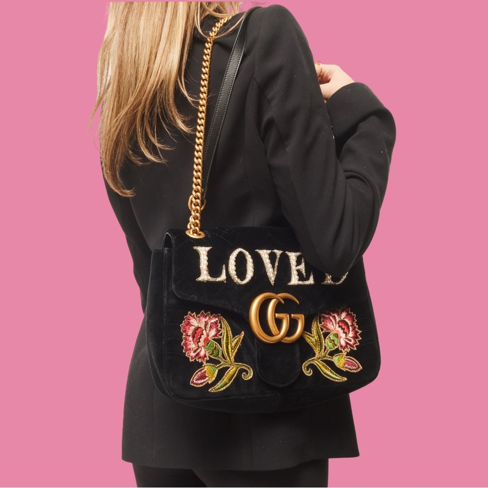 Gucci Velvet Matelasse Loved Embroidered
Medium GG Marmont Shoulder Bag